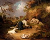 乔治 莫兰 : Two Men Hunting Rabbits With Their Dog A Village Beyond